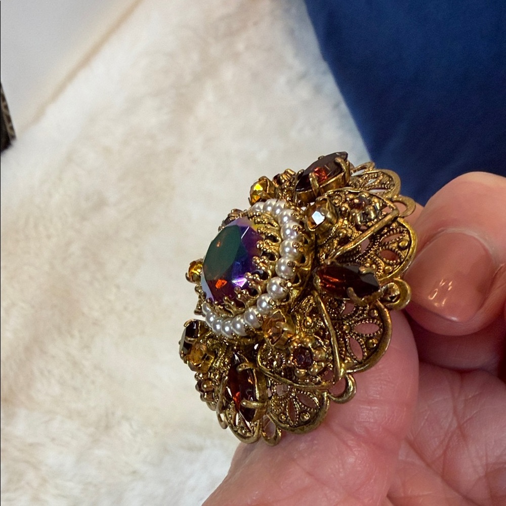 Vintage West Germany Gold and Multicolor Brooch With AB Center Stone - Picture 7 of 9